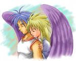  1girl angel_wings artist_request blonde_hair blue_hair breath_of_fire breath_of_fire_ii couple hetero hug hug_from_behind lowres nina_(breath_of_fire_ii) purple_wings ryuu_(breath_of_fire_ii) wings 