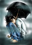  artist_request bags_under_eyes death_note l_(death_note) male_focus rain solo tears umbrella 