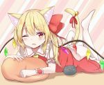  1girl animal_ear_fluff animal_ears bell blonde_hair cat_day cat_ears cat_tail commentary_request crystal eyebrows_visible_through_hair fang flandre_scarlet frilled_skirt frills hair_between_eyes hair_ribbon highres iyo_(ya_na_kanji) jingle_bell kemonomimi_mode leg_lift looking_at_viewer lying no_hat no_headwear no_shoes on_stomach one_eye_closed open_mouth pantyhose parted_lips pillow puffy_short_sleeves puffy_sleeves red_eyes red_ribbon red_skirt red_vest ribbon shirt short_sleeves skirt slit_pupils solo striped striped_background stuffed_animal stuffed_cat stuffed_toy tail tail_bell tail_ribbon touhou vest white_legwear white_shirt wings wrist_cuffs yellow_neckwear 