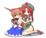  blush brown_hair cappccino chain chocolate chocolate_heart chocolate_on_face eating english food food_on_face hat heart hong_meiling ibuki_suika long_hair multiple_girls one_eye_closed open_mouth red_hair sitting star touhou valentine 