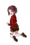  1girl ass bangs belt blush boots bow brown_belt brown_eyes brown_footwear brown_hair brown_shorts full_body highres jacket kneeling long_sleeves looking_at_viewer looking_back mizukoshi_mio open_mouth pisuke red_bow red_jacket ryuuou_no_oshigoto! shoe_soles short_shorts shorts simple_background solo thighhighs thighhighs_under_boots white_background white_legwear 