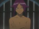  :3 bleach breasts cleavage crossed_arms dark_skin large_breasts long_hair nude purple_hair screencap shihouin_yoruichi solo yellow_eyes 