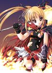  bardiche bare_shoulders belt black_gloves blonde_hair buckle cowboy_shot fate_testarossa fire flame gloves holding holding_weapon long_hair looking_at_viewer lyrical_nanoha mahou_shoujo_lyrical_nanoha mahou_shoujo_lyrical_nanoha_a's ootori_mahiro over_shoulder red_eyes skin_tight skirt solo thighhighs twintails weapon white_skirt 