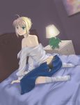  ahoge all_fours artoria_pendragon_(all) back bare_shoulders bed bedroom blonde_hair blouse cthulhu fate/stay_night fate_(series) green_eyes indoors lamp nightstand paintpixel panties saber socks solo underwear undressing 