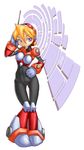  alia_(rockman) antennae artist_request blonde_hair boots covered_navel full_body knee_boots looking_at_viewer rockman rockman_x short_hair simple_background skin_tight solo spandex standing thigh_gap walkie-talkie white_background 