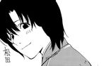  artist_request blush death_note from_side greyscale looking_at_viewer looking_to_the_side male_focus matsuda_touta monochrome simple_background smile solo upper_body white_background 