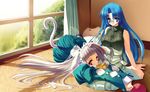  :3 animal_ears aoi_yuuji barefoot bell blue_eyes blue_hair cat_ears cat_tail feet glasses hand_on_head highres long_hair lying multiple_girls puni_puni_handmaid red_eyes silver_hair sitting tail yui_(puni_puni_handmaid) yukiko_(puni_puni_handmaid) zipper 