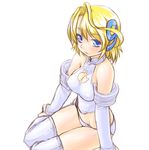  apple apple_inc. blonde_hair blue_eyes blush breasts cleavage cleavage_cutout covered_nipples dd_(ijigendd) elbow_gloves food fruit gloves large_breasts macintosh midriff os-tan os9 panties solo thighhighs underwear 