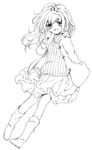  boots coat greyscale hair_bobbles hair_ornament monochrome namori open_mouth original ponytail skirt smile solo sweater 