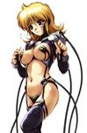  black_legwear blonde_hair blush breasts headband hisahiko large_breasts lune_zoldark midriff navel nervous open_clothes open_shirt parted_lips shirt simple_background solo super_robot_wars super_robot_wars_the_lord_of_elemental thighhighs underboob white_background wire 