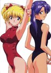  armpits asagiri_rei ass bare_shoulders black_leotard blonde_hair bow double_bun earrings green_eyes hair_bow idol_densetsu_eriko jewelry legendary_idol_eriko leotard lipstick looking_back makeup multiple_girls nail_polish pink_nails pose purple_eyes purple_hair red_leotard shiny skin_tight spandex stretch tamura_eriko twintails yamauchi_noriyasu 