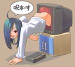  arm_support artist_request ass blue_hair bottomless hair_over_one_eye red_eyes solo television the_ring through_screen translated yamamura_sadako 