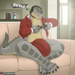  anthro clothed clothing crocodile crocodilian headphones huge_bulge inside male open_jacket reptile scalie sitting solo tankh underwear video_games 