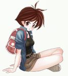  backpack bag brown_eyes brown_hair iwai_ryou randoseru short_hair sleeves_rolled_up solo umihara_kawase umihara_kawase_(character) white_background 