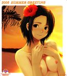  beach breasts copyright_request flower hibiscus medium_breasts nipples nude solo suke_akurou sunset upper_body 
