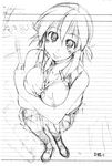  breast_squeeze breasts greyscale kusanagi_tonbo large_breasts monochrome original sketch solo 
