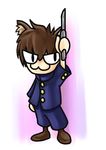  :3 animal_ears arm_up bad_anatomy brown_hair cat_ears full_body knife male_focus nekoshiki school_uniform solo standing toono_shiki tsukihime 