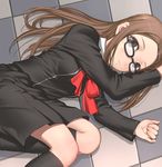  bow fushimi_chihiro glasses lying persona persona_3 ribbon skirt solo uni 