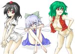  bow breasts cirno green_hair hand_on_hip hat kazami_yuuka kurinton large_breasts leaning_forward multiple_girls no_bra no_pants oekaki open_clothes open_vest panties plaid plaid_vest shameimaru_aya shirt tokin_hat topless touhou underwear vest 