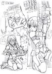  bandana chainsaw check_translation d=code death_flag gears_of_war glasses greyscale gun lancer_(weapon) monochrome multiple_girls pouch sketch translated translation_request weapon 