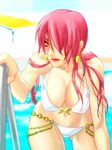  bent_over bikini breasts chain cleavage earrings hair_over_one_eye hanging_breasts jewelry kabane_(follabi) ladder large_breasts lipstick long_hair lowres makeup pool pool_ladder poolside red_hair shermie snk solo swimsuit the_king_of_fighters wet wet_hair white_bikini yellow_eyes 