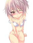  bangs between_thighs blush bottomless bra lingerie masturbation nagato_yuki one_eye_closed open_bra shiranagi short_hair sitting smile solo strap_slip suzumiya_haruhi_no_yuuutsu underwear 