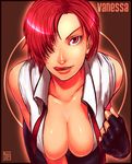  breasts cleavage come_hither downblouse gloves huge_breasts leather licking_lips lipstick makeup necktie red_eyes red_hair sawao short_hair snk solo the_king_of_fighters tongue tongue_out vanessa_(king_of_fighters) 