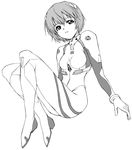  ayanami_rei bangs bodysuit bracer breasts face from_side gloves greyscale hair_ornament high_heels knees_up looking_up monochrome neon_genesis_evangelion number parted_lips pilot_suit plugsuit short_hair simple_background sitting small_breasts solo turtleneck yamaguchi_homupe 