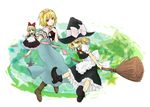  alice_margatroid ankle_boots apron blonde_hair book boots braid broom broom_riding capelet flying full_body hat kirisame_marisa multiple_girls pointy_shoes shanghai_doll shikai_(iesiki_56) shoes side_braid star touhou witch_hat 