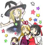  black_dress black_hair black_hat blonde_hair bow brown_hair chewing crossover dress gohei hair_bow hakurei_reimu hand_on_headwear hat hat_bow kashmir katase_shima kirisame_marisa long_sleeves lowres multiple_girls red_bow red_shirt red_skirt shirt skirt smile star touhou twintails uchuu_no_stellvia white_background white_bow white_hat white_shirt witch_hat yakumo_yukari 