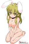  animal_ears barefoot breast_squeeze breasts bunny_ears collarbone copyright_request eyebrows_visible_through_hair fake_animal_ears full_body green_eyes green_hair hands_together large_breasts looking_at_viewer nipples nude oekaki onija_tarou parted_lips shiny shiny_skin simple_background sitting sketch solo v_arms wariza white_background 