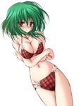  adapted_costume bangs bikini blush breast_hold breasts cleavage collarbone crossed_arms danshaku dutch_angle green_hair head_tilt kazami_yuuka large_breasts looking_at_viewer lying messy_hair navel nose_blush on_back plaid plaid_bikini red_eyes short_hair simple_background solo standing swimsuit touhou white_background 
