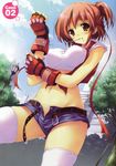  bandaid bandaid_on_face bangs belt breasts brown_eyes buckle building cloud copyright_request covered_nipples cowboy_shot day fingerless_gloves gloves headband highres lamppost large_breasts looking_at_viewer midriff mouth_hold navel no_panties open_fly red_hair scan short_shorts shorts sky smile solo thighhighs tomose_shunsaku tree white_legwear 
