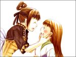  :d armor blush brown_hair closed_eyes gensou_suikoden gensou_suikoden_v logicon long_hair lowres lymsleia_falenas miakis multiple_girls open_mouth simple_background smile toothbrush white_background 