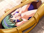  artist_request bag fang from_above game_cg green_hair hairband happy in_bag in_container koigokoro purple_eyes shao_(koigokoro) shirt short_hair skirt smile solo 