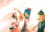  blonde_hair blue_hair brown_hair hat instrument keyboard_(instrument) lunasa_prismriver lyrica_prismriver merlin_prismriver multiple_girls short_hair siblings sisters sorano_eika touhou trumpet violin 