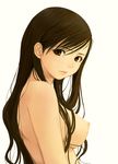  bangs breasts brown_eyes brown_hair closed_mouth from_side frown hair_behind_ear hair_over_breasts lips long_hair looking_at_viewer maria-sama_ga_miteru medium_breasts nipples nude solo suke_akurou swept_bangs toudou_shimako upper_body white_background 