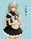  ar_tonelico ar_tonelico_i bangs black_eyes blue_background braid cowboy_shot grin looking_at_viewer maid maid_headdress puffy_sleeves short_sleeves shurelia silver_hair simple_background smile solo tetsu_(kimuchi) translated 