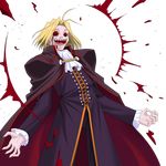  artist_request ascot blonde_hair cape cowboy_shot emphasis_lines long_sleeves looking_at_viewer male_focus melty_blood military military_uniform official_art red_eyes sharp_teeth solo standing teeth transparent_background tsukihime uniform wallachia 