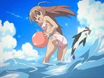  :d animal ass ball bangs beachball bikini blue_eyes brown_hair cloud day floating_hair from_behind gakuen_utopia_manabi_straight! hair_between_eyes happy holding jpeg_artifacts jumping leaning_forward long_hair looking_at_viewer looking_back mouth_hold ocean odori_momoha open_mouth outdoors screencap seal side-tie_bikini sky smile solo sparkle standing swimsuit twintails two_side_up wading whale white_bikini 