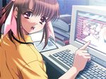  brown_hair computer game_cg hadan'ya internet oono_tsutomu_(red_chime) pointing pornography red_eyes solo tachibana_reika 