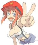  :d areola_slip areolae bangs blue_eyes blush bouncing_breasts breasts cleavage crop_top facial_hair fake_facial_hair fake_mustache foreshortening genderswap genderswap_(mtf) hat kusanagi_tonbo large_breasts leaning_forward looking_at_viewer mario mario_(series) midriff mustache navel no_bra oekaki open_fly open_mouth orange_hair peaked_cap short_hair simple_background sketch smile solo strap strapless super_mario_bros. suspenders tubetop unzipped upper_body v 