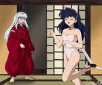  1boy 1girl :d :o ^_^ animal_ears bangs bare_shoulders barefoot beads blue_hair blush breasts cat_ears cat_tail cleavage clenched_hand closed_eyes cosplay dancing dog_ears door fake_animal_ears feet fingernails hair_between_eyes hairband happy high_heels higurashi_kagome indoors inuyasha inuyasha_(character) japanese_clothes jewelry kittysuit leg_lift leotard long_fingernails long_hair md5_mismatch medium_breasts neck_ribbon necklace open_mouth profile ribbon shadow shoes sidelocks signature sleeves_past_wrists smile standing standing_on_one_leg surprised sweatdrop tail tara_fuller tatami teeth walk-in white_hair wide_sleeves 