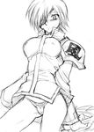  blush breasts covered_nipples dress_shirt eyepatch final_fantasy final_fantasy_viii fuujin_(ff8) greyscale large_breasts mizuryuu_kei monochrome panties shirt sketch solo underwear 