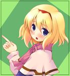  alice_margatroid blonde_hair blue_eyes blush capelet head_tilt looking_at_viewer pointing ribbon short_hair solo tilm touhou upper_body white_capelet 