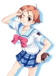  bow gakuen_utopia_manabi_straight! misaki_takahiro pink_bow plaid plaid_skirt school_uniform seiou_gakuen_school_uniform skirt solo uehara_mutsuki 