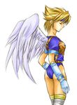  alternate_costume angel_wings armor artist_request ass blonde_hair blue_leotard breasts breath_of_fire breath_of_fire_i flat_ass gloves leotard lowres medium_breasts nina_(breath_of_fire_i) short_hair solo white_wings wings 