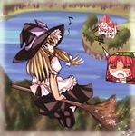  artist_request blonde_hair broom broom_riding flying from_behind hat hong_meiling kirisame_marisa looking_back sidesaddle solo sparkle touhou witch witch_hat 