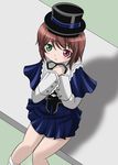  blush brown_hair capelet green_eyes hands_on_own_chest hands_together hat heterochromia long_sleeves parted_lips red_eyes rozen_maiden short_hair sitting skirt solo souseiseki takumi_(rozen_garten) top_hat 