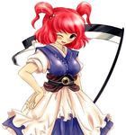 bangs blue_skirt blush coin e-rine-rin hair_bobbles hair_ornament looking_at_viewer one_eye_closed onozuka_komachi open_mouth puffy_short_sleeves puffy_sleeves red_hair sash scythe short_sleeves simple_background skirt smile solo standing touhou two_side_up vest white_background 